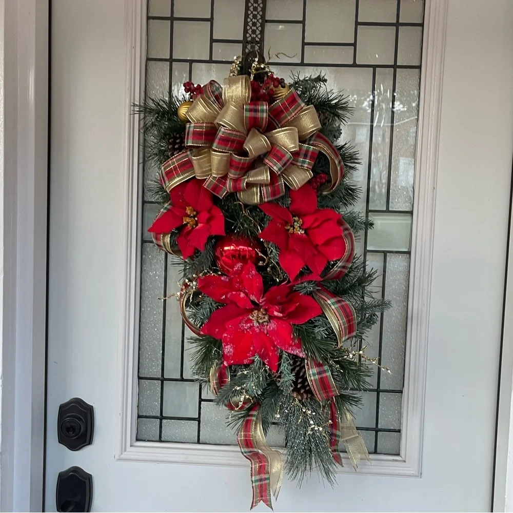 **Red Poinsettia Christmas Teardrop Swag Wreath Front door